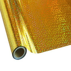 A close-up view of a rolled-up piece of StarCraft Electra Foil, displaying a holographic gold stars pattern.