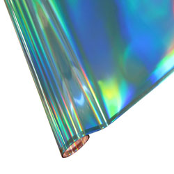 A close-up of a blue holographic rainbow colored foil, showing its reflective surface.