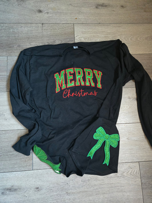 Merry Christmas Bow Embroidered Top