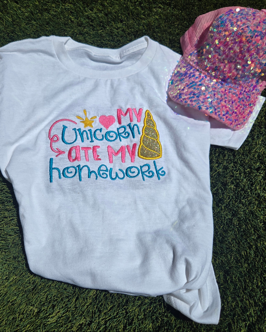 My Unicorn ate my Homework Embroidery Kids T Shirt