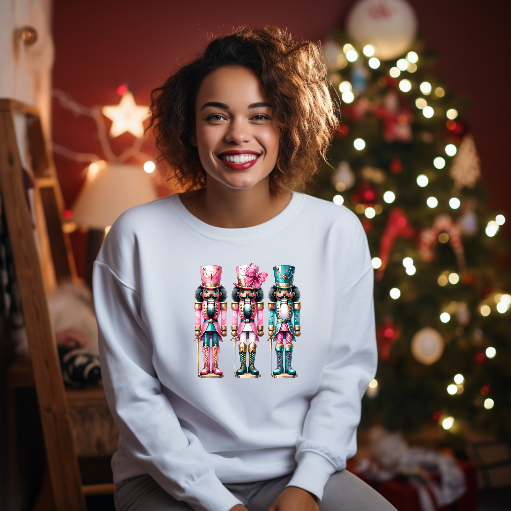 Woman sitting down in front of a christmas tree wearing  African american Nutcrackers adorned in teal and pink outfits