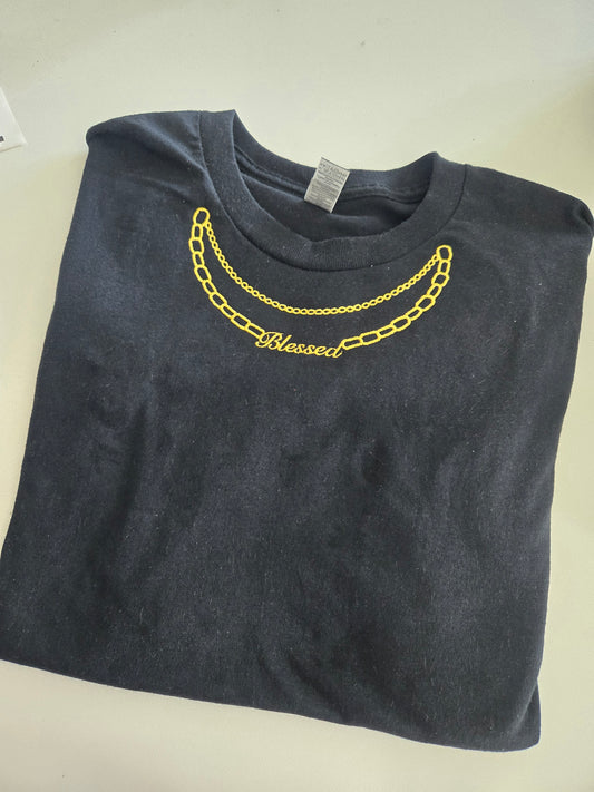 BLESSED Embroidery gold chain T Shirt